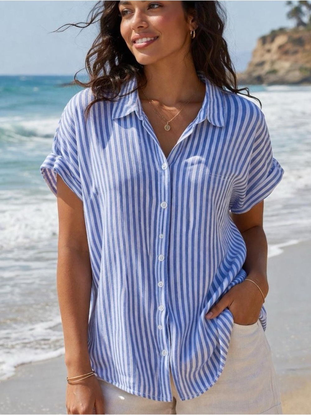 BeachLunchLounge Blue White Striped Relaxed Button Down Top M